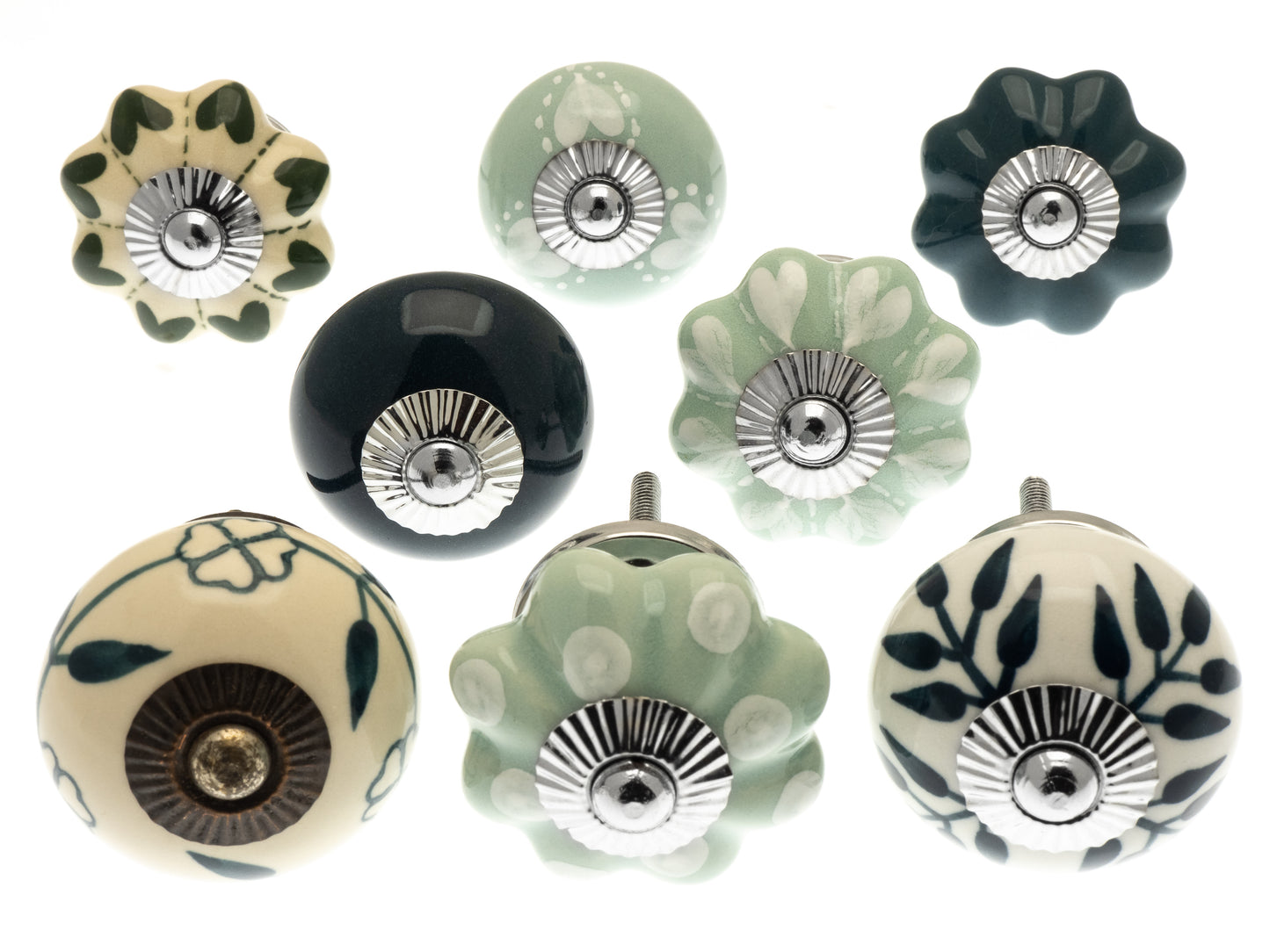 Ceramic Door Knobs Greens Hearts and Teal Set of 8