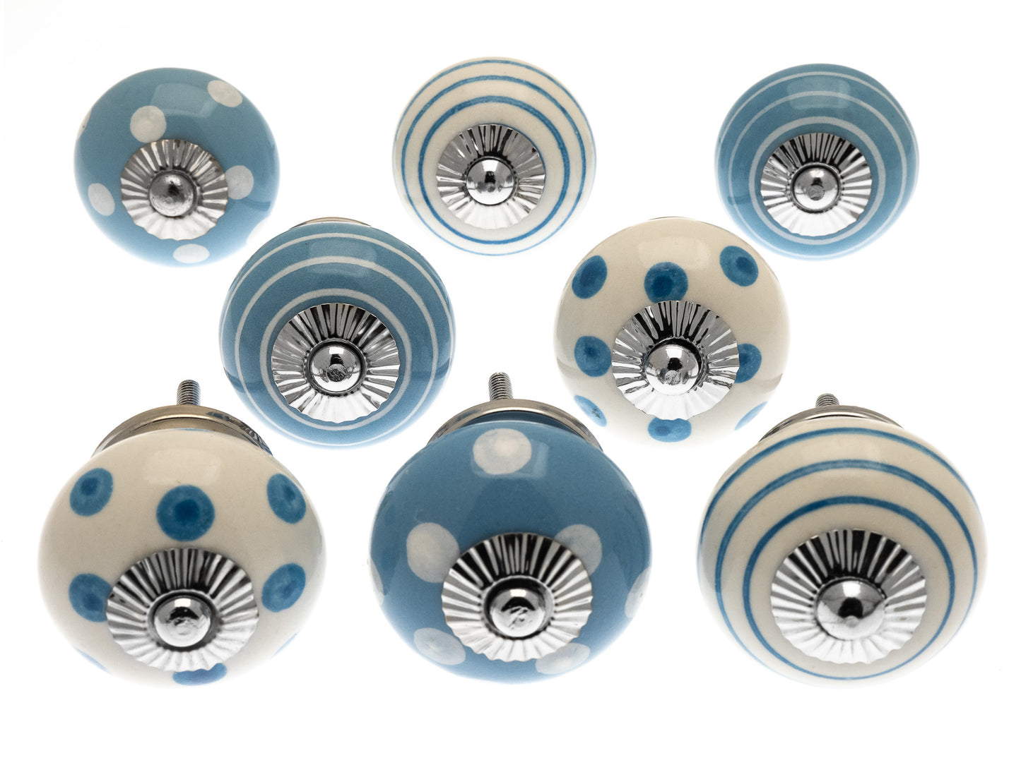 Ceramic Door Knobs in Pale Blue - Hand Painted Dots (Set of 8)