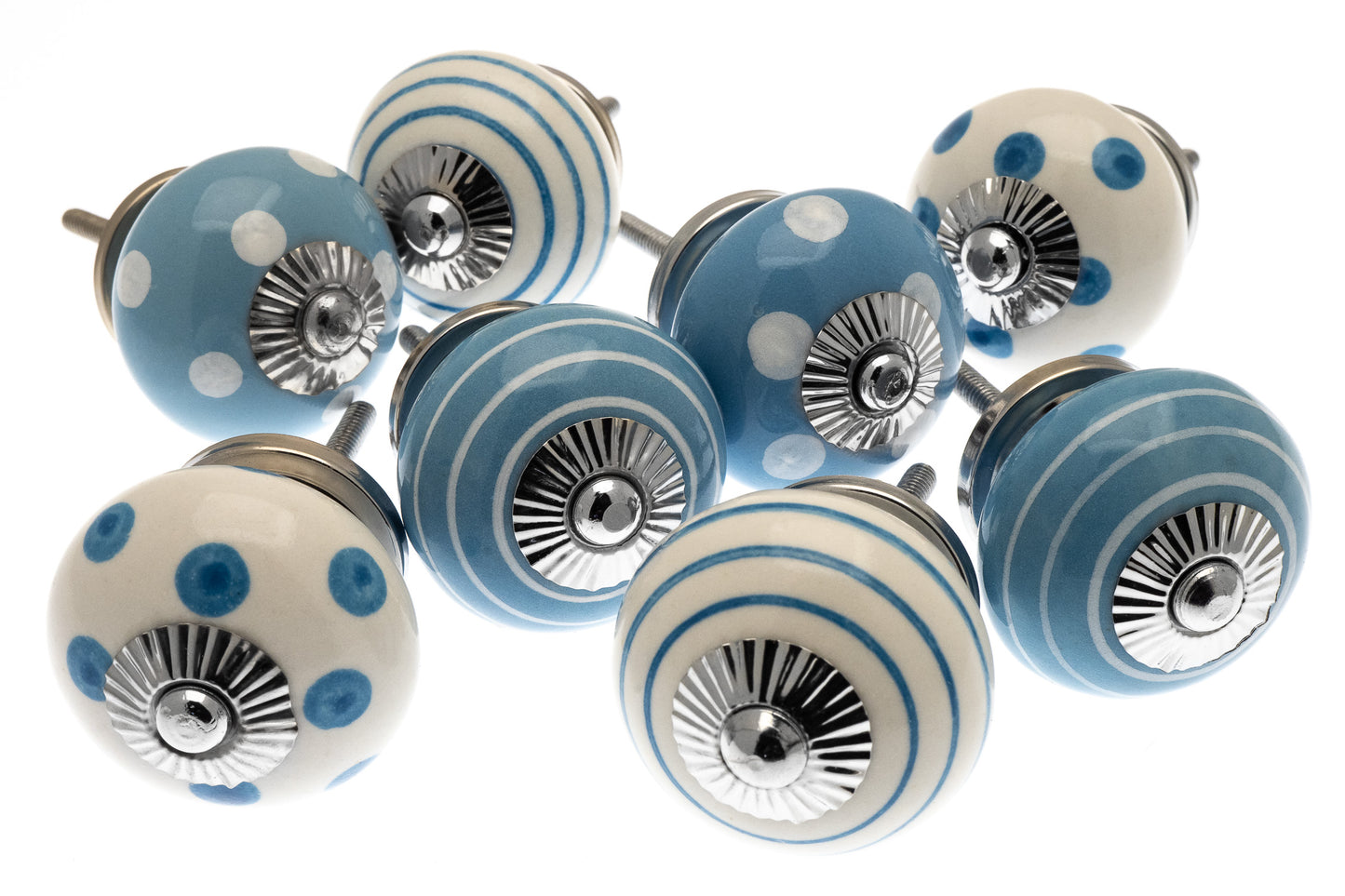 Ceramic Door Knobs in Pale Blue - Hand Painted Dots (Set of 8)