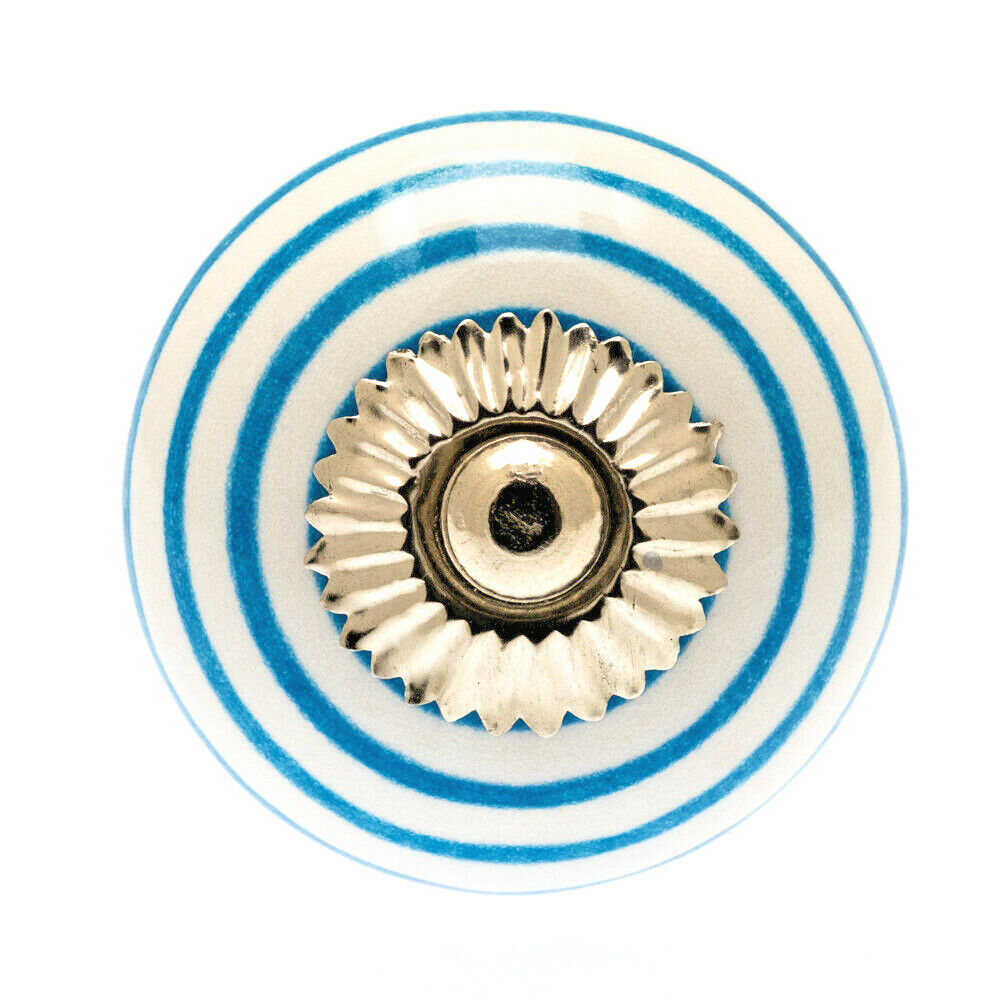 Round Ceramic Knob White with Blue Stripes / Hoops 40mm