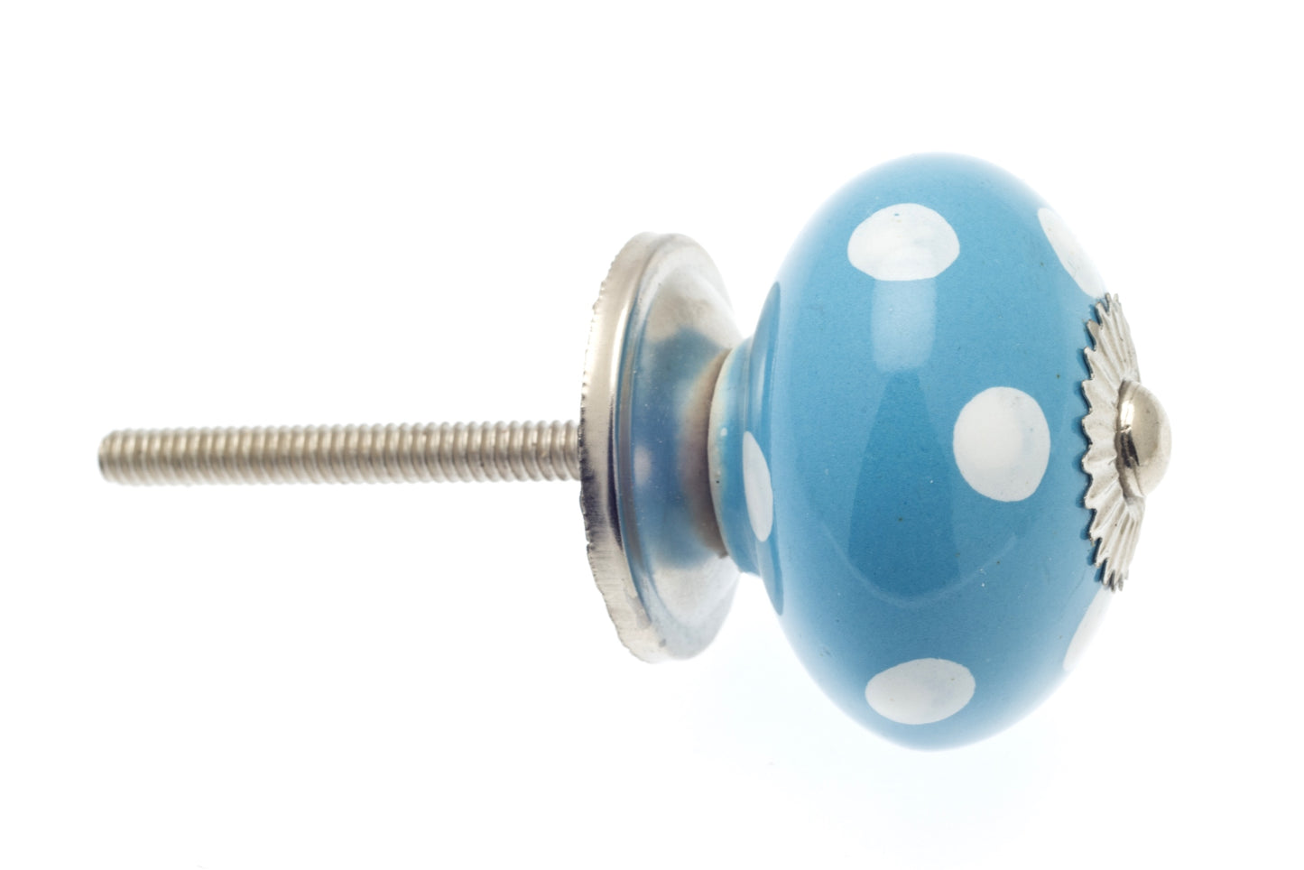 Round Ceramic Knob Blue with White Spots / Polka Dots 40mm