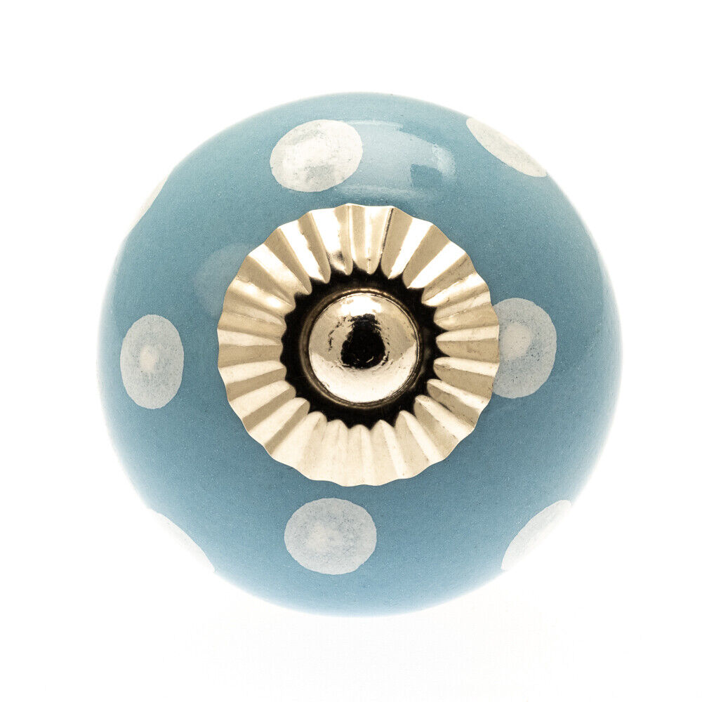 Round Ceramic Knob Blue with White Spots / Polka Dots 40mm