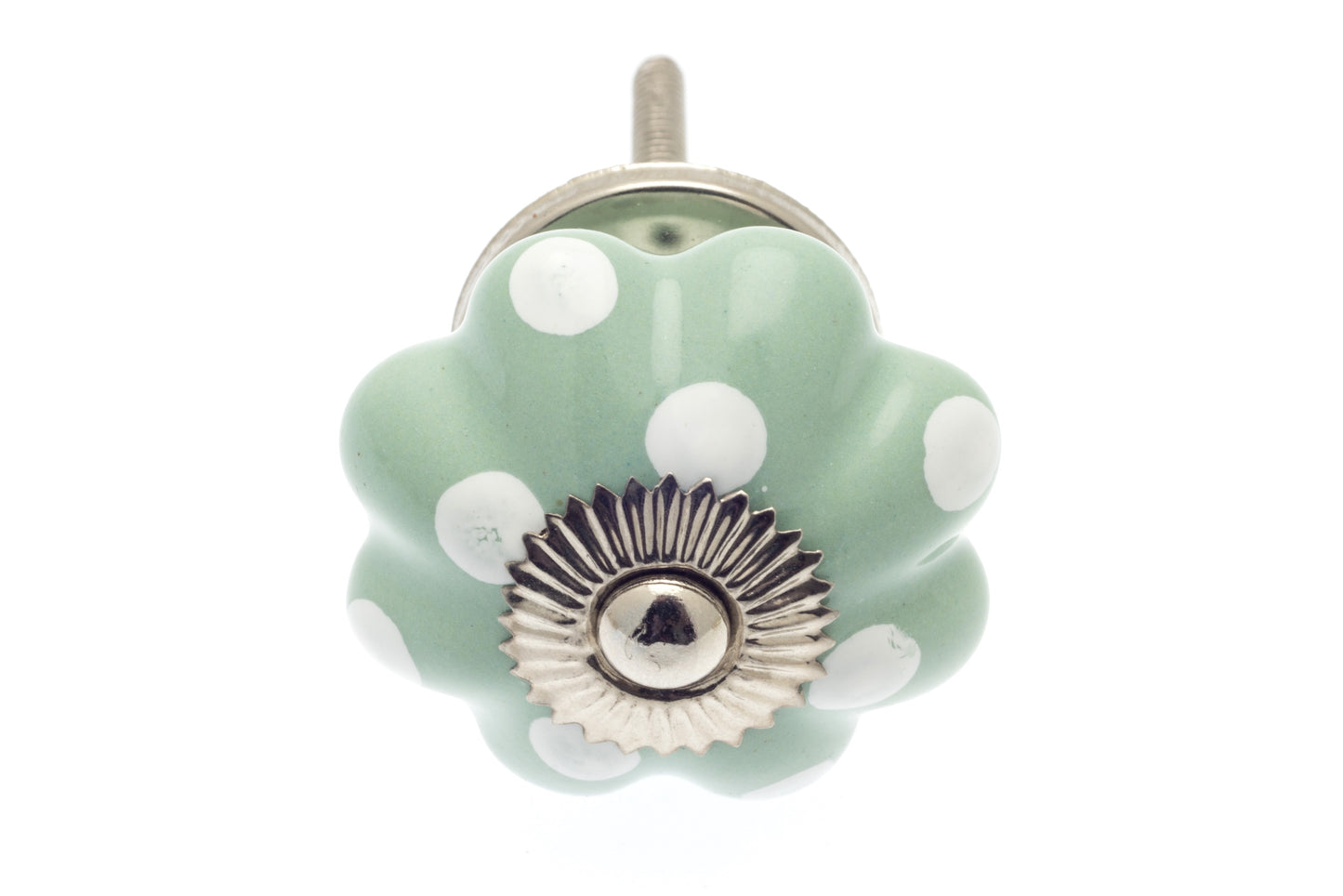 Bouton Fleur en Céramique Eau de Nil à Points Blancs