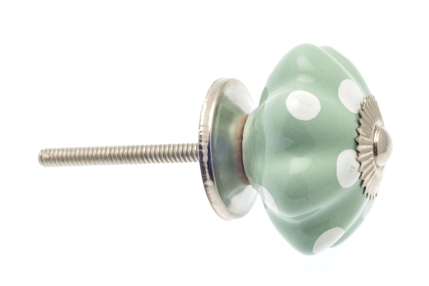 Bouton Fleur en Céramique Eau de Nil à Points Blancs