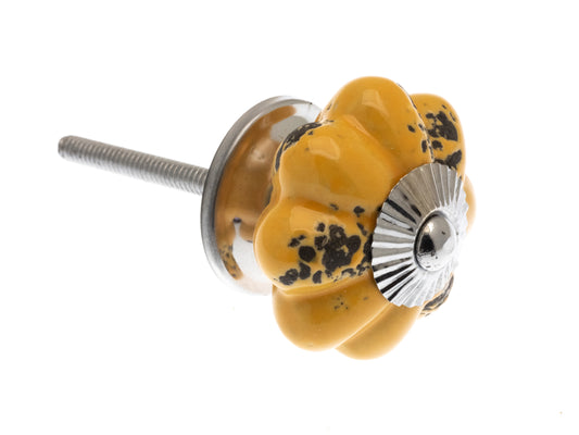 Flower Shape Ceramic Knob Mustard Yellow Distressed 40mm Chrome Fittings