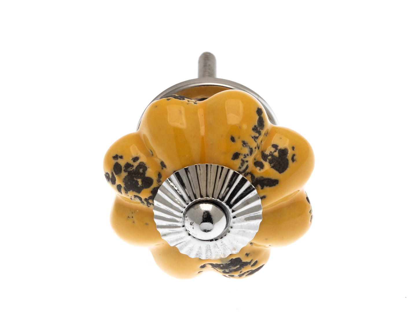 Flower Shape Ceramic Knob Mustard Yellow Distressed 40mm Chrome Fittings
