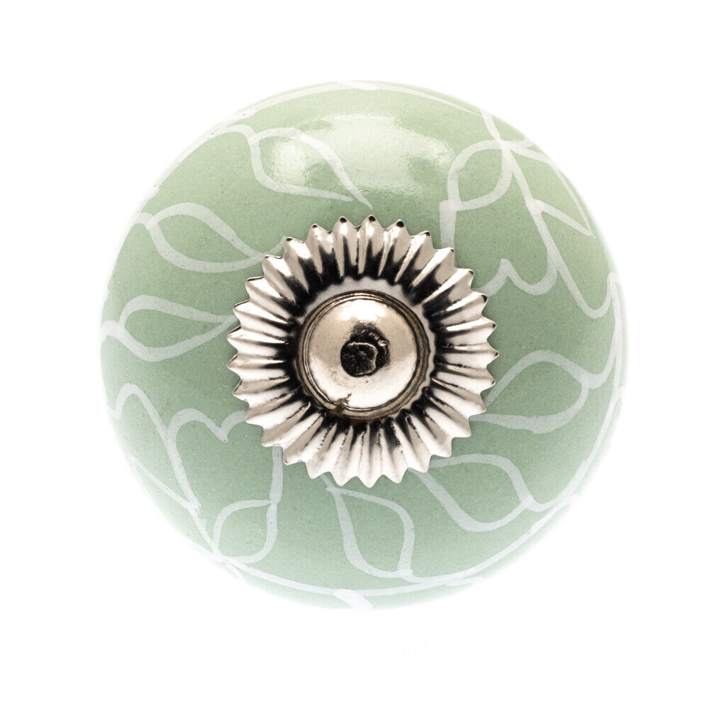 Bouton Céramique Eau de Nil Feuilles Blanches 40mm
