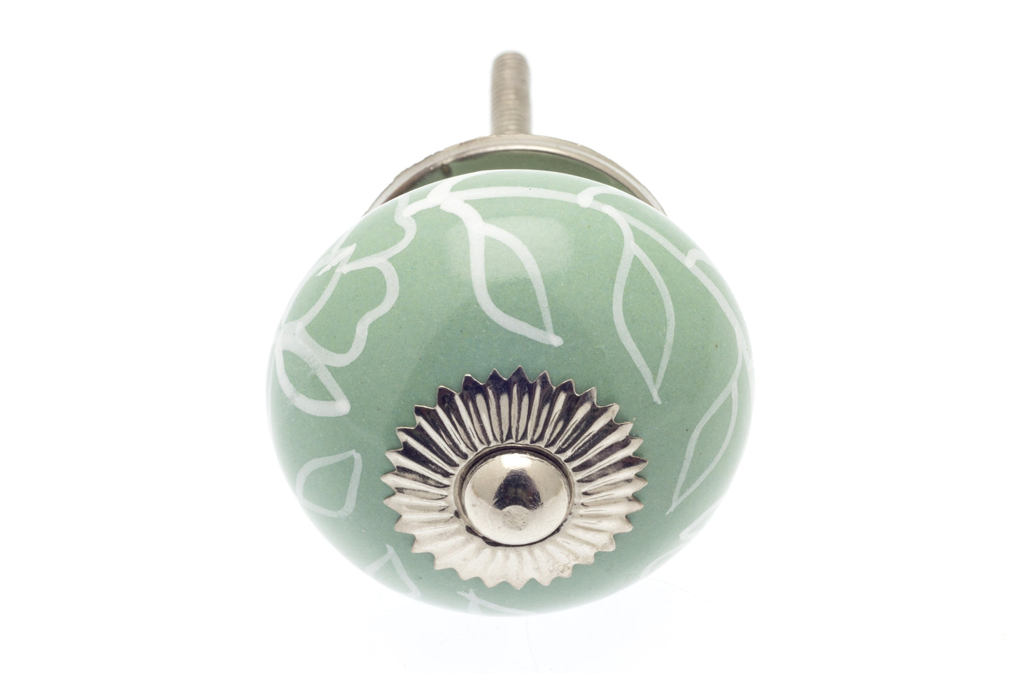 Bouton Céramique Eau de Nil Feuilles Blanches 40mm