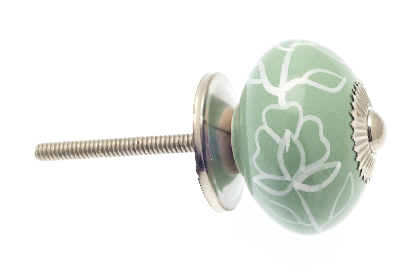 Bouton Céramique Eau de Nil Feuilles Blanches 40mm