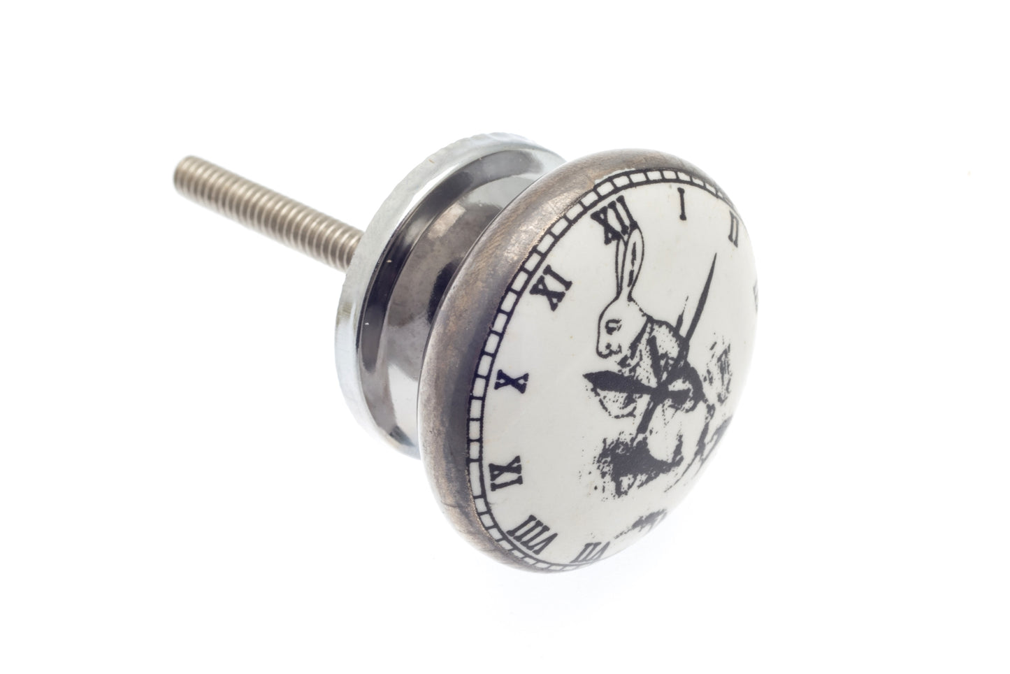 Ceramic Cupboard Knob Alice Rabbit I'm Late Antique Silver