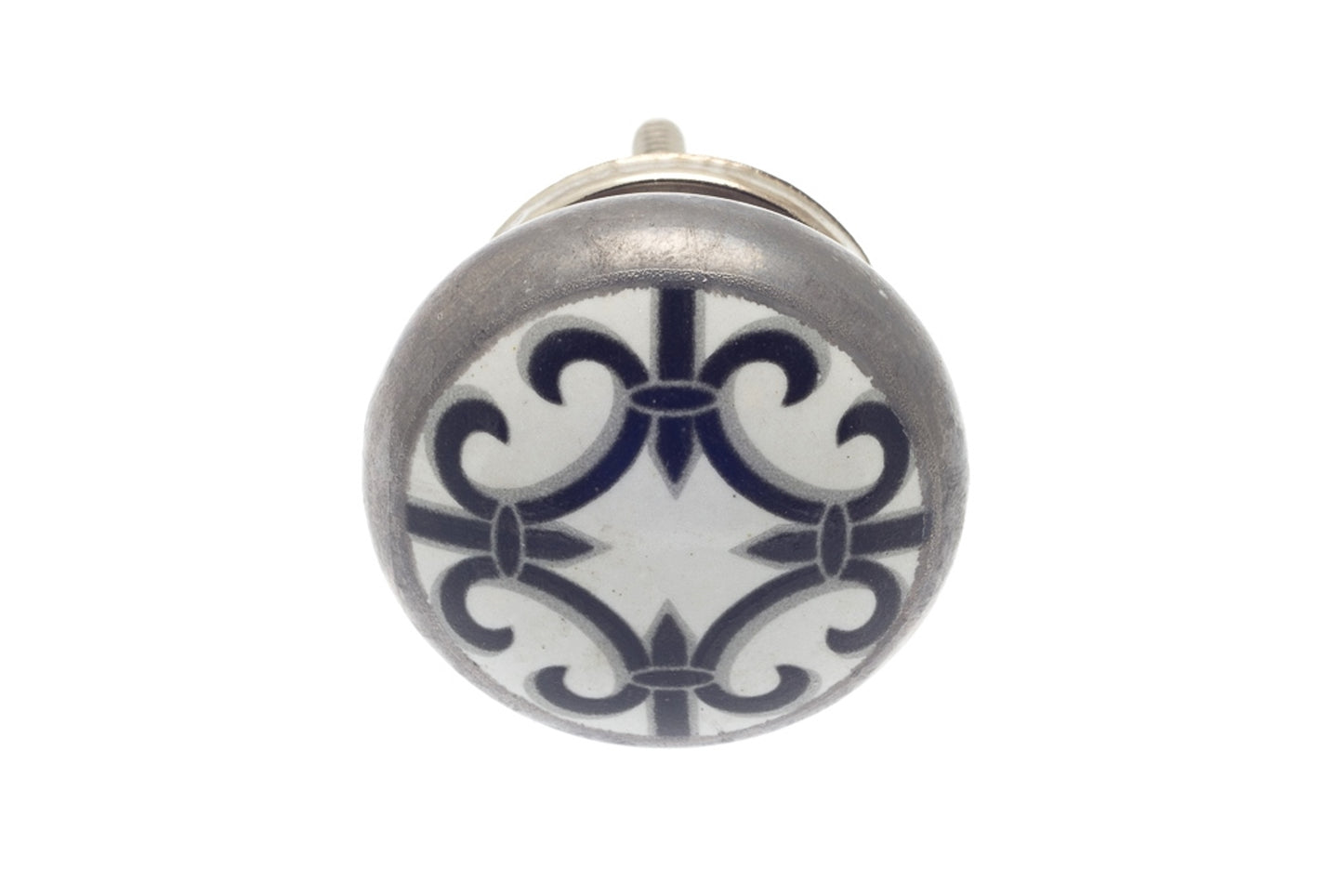 Bouton en Céramique Argent Antique avec Fleur de Lys Noire