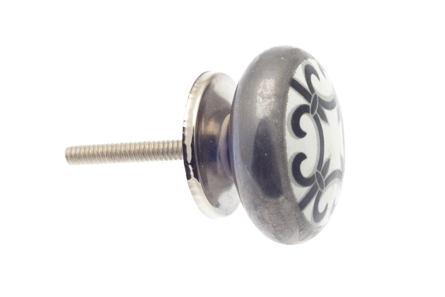 Bouton en Céramique Argent Antique avec Fleur de Lys Noire