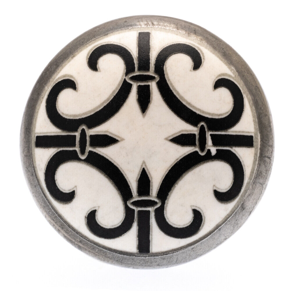 Bouton en Céramique Argent Antique avec Fleur de Lys Noire