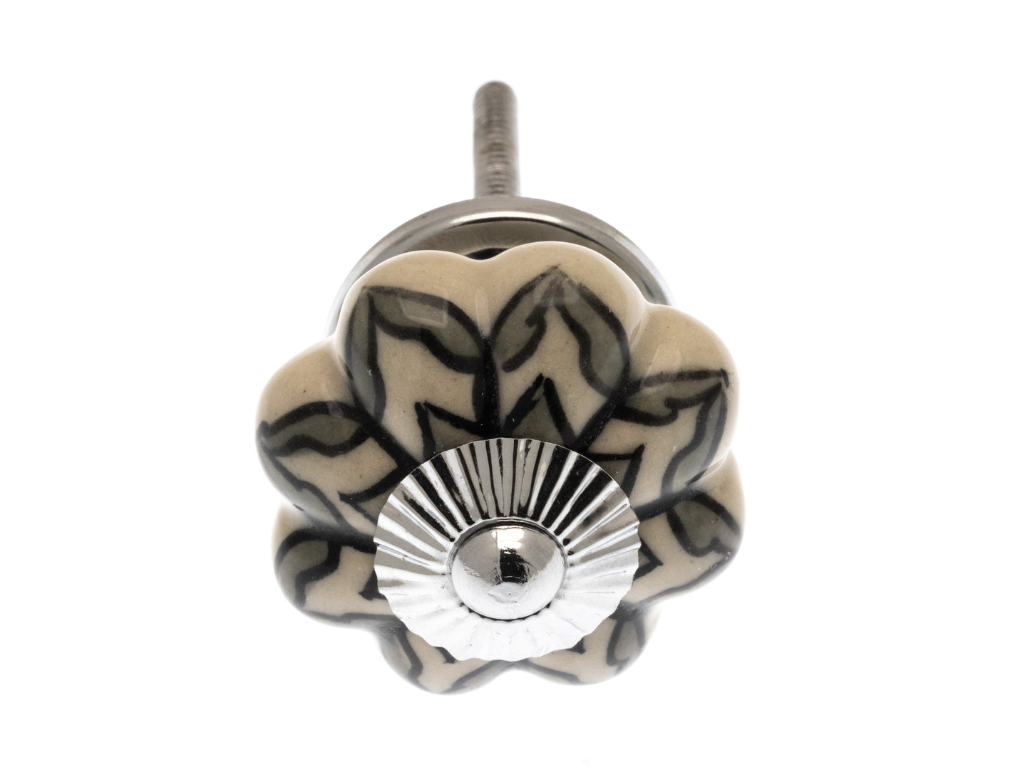 Bouton de placard en céramique avec motif gris et blanc en forme de fleur