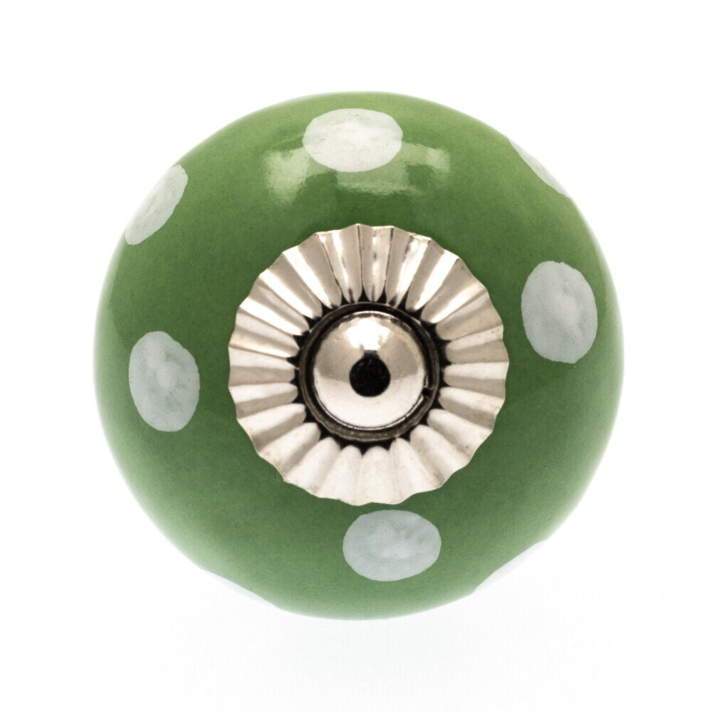 Ceramic Knob Green with White Spots / Dots 40mm