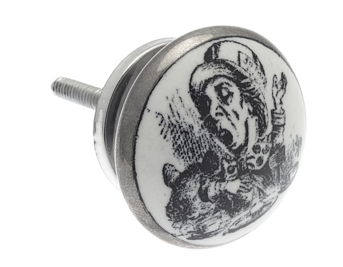 Ceramic Cupboard Knob Alice 'Mad Hatter' Antique Silver