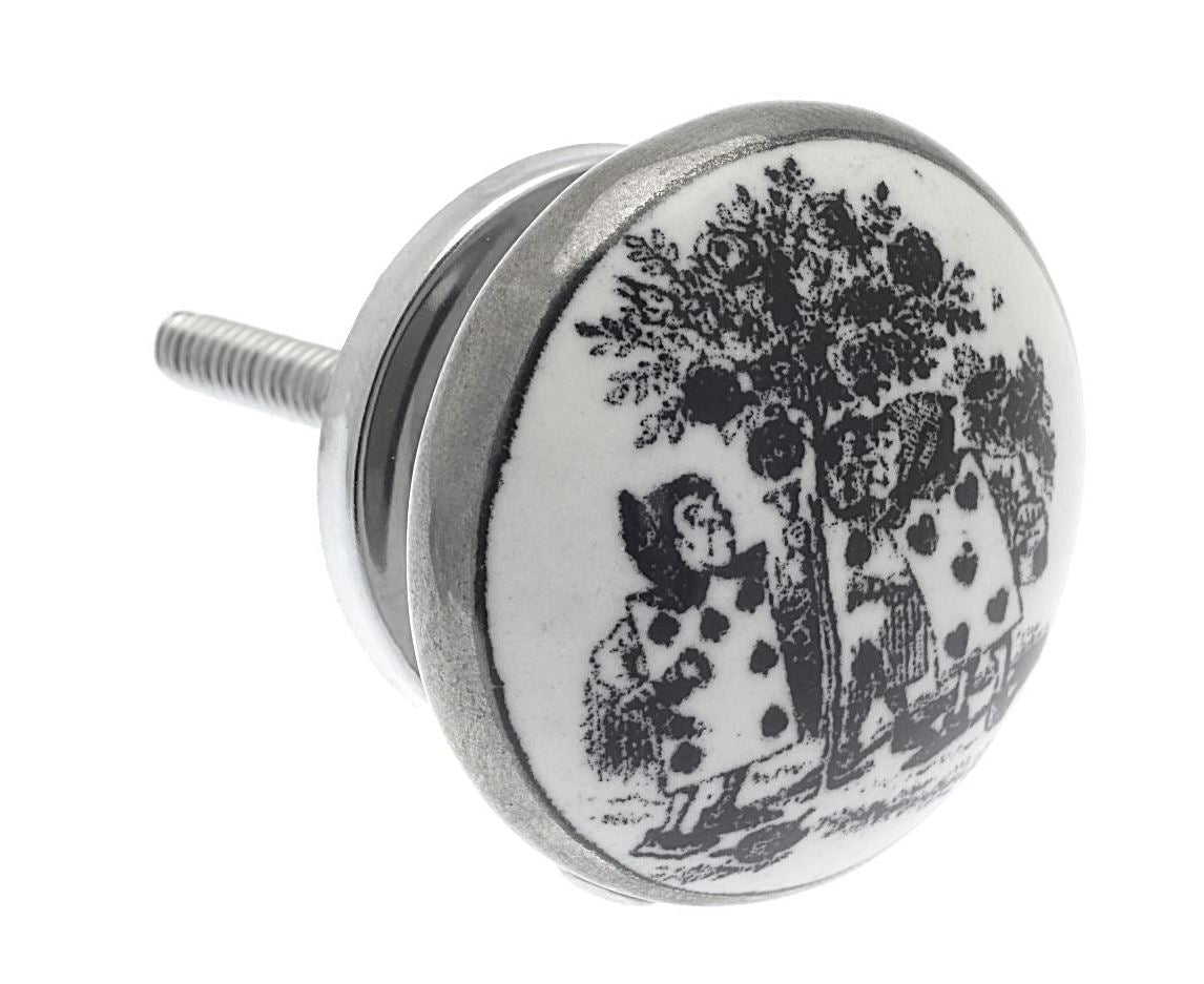 Ceramic Cupboard Knob Alice 'Painting The Roses Red'  Antique Silver