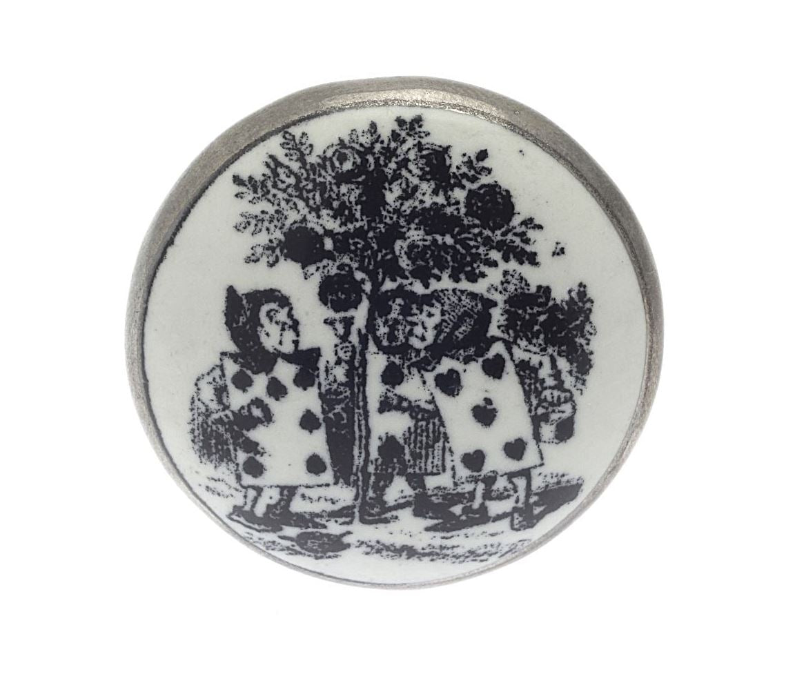 Bouton de Placard en Céramique Alice 'Peinture Les Roses Rouges' Argent Antique