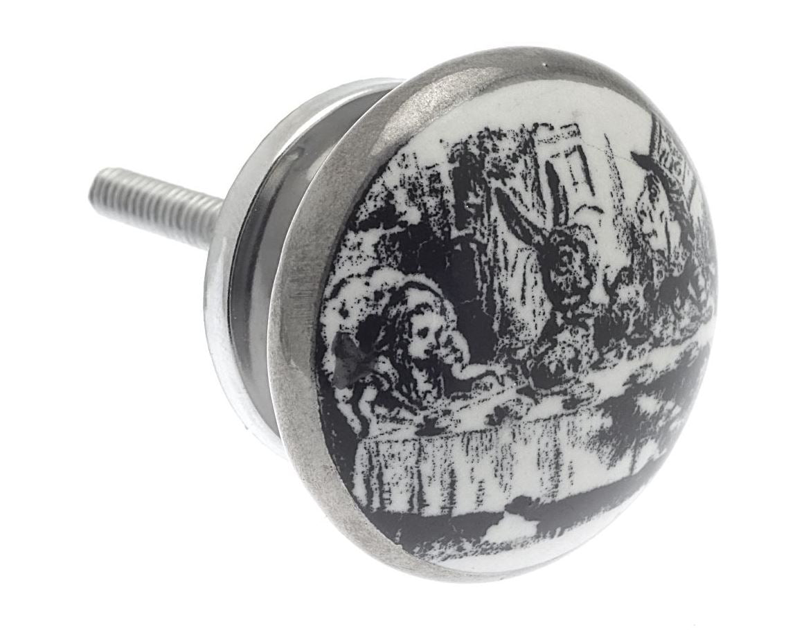 Ceramic Cupboard Knob Alice 'Mad Hatter's Tea Party' Antique Silver