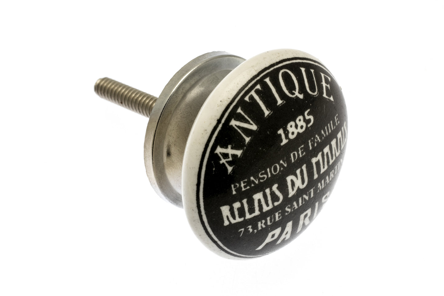 Ceramic Knob in Black with 'Antique 1885' Paris Writing in White 38mm