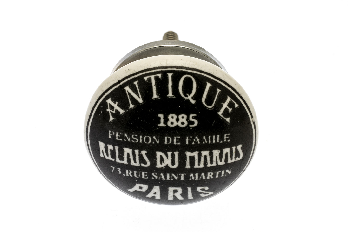 Ceramic Knob in Black with 'Antique 1885' Paris Writing in White 38mm