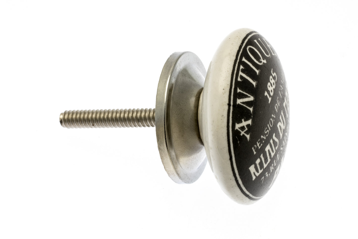 Ceramic Knob in Black with 'Antique 1885' Paris Writing in White 38mm