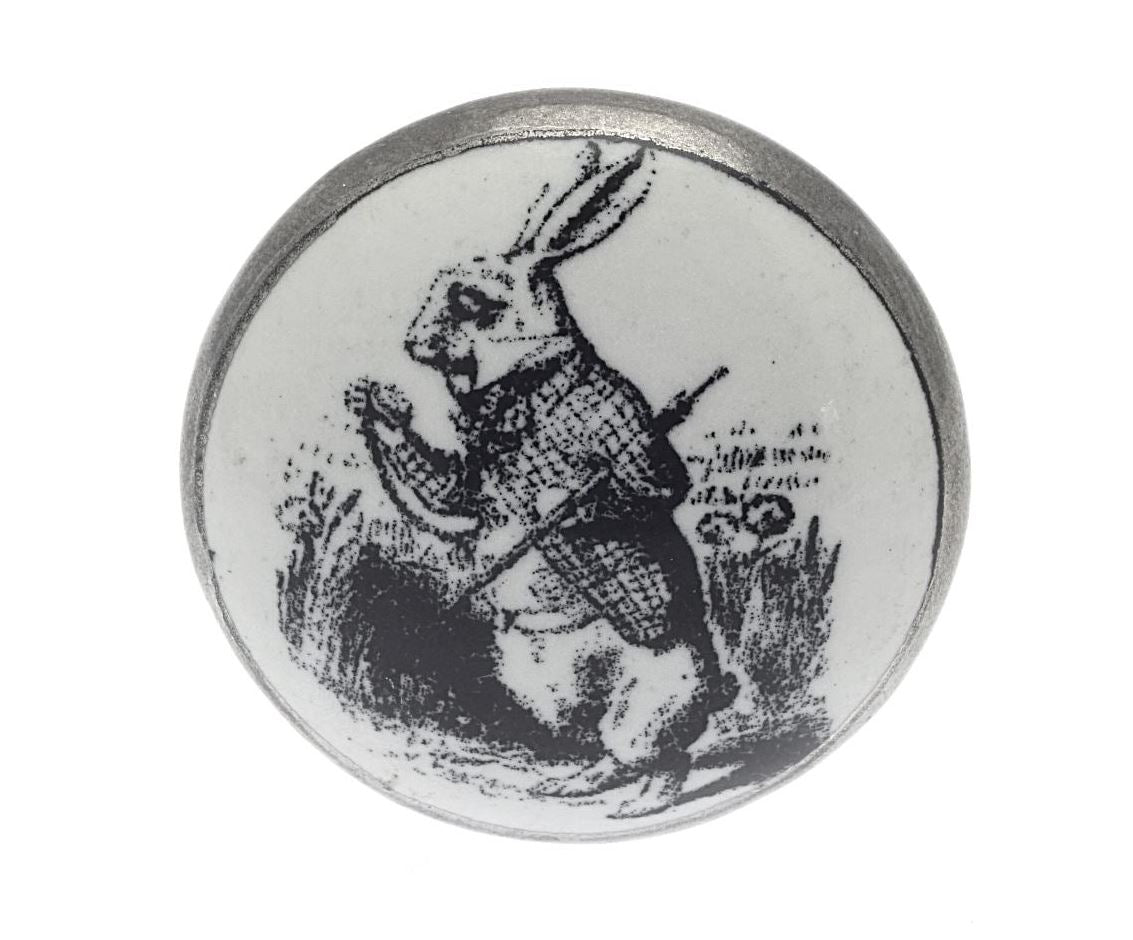 Ceramic Cupboard Knob Alice 'White Rabbit' Antique Silver
