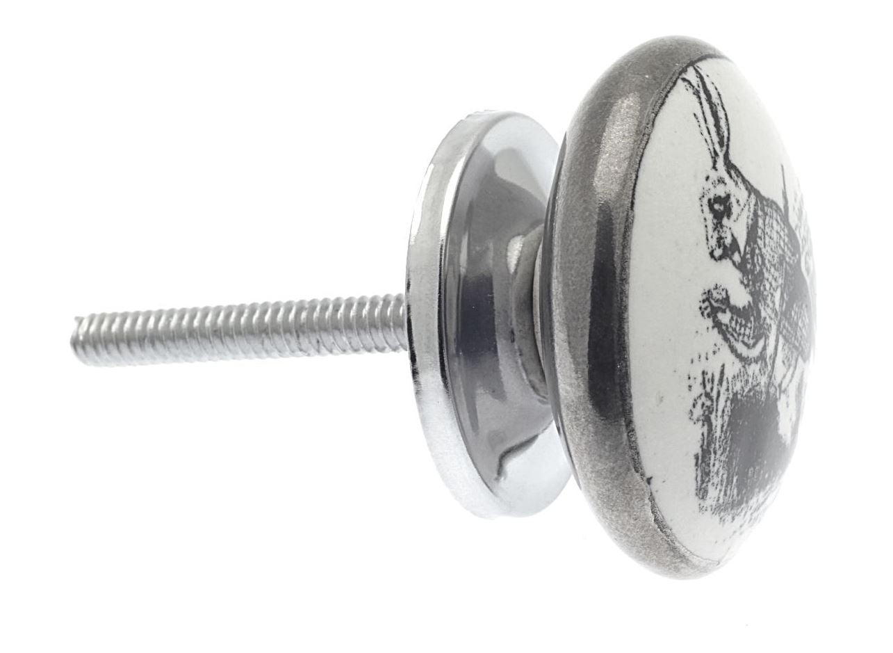 Ceramic Cupboard Knob Alice 'White Rabbit' Antique Silver