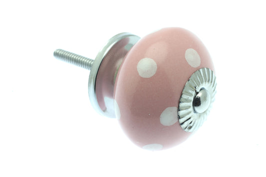 Round Ceramic Knob Pastel Pink with White Spots / Dots 40mm