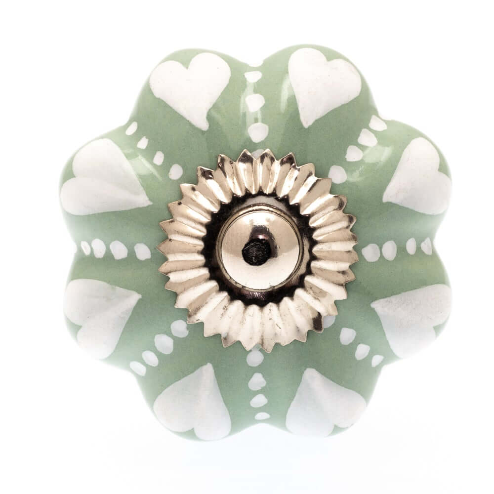 Ceramic Cupboard Knob White Hearts and Dots on Eau de Nil