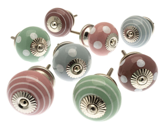 Ceramic Door Knobs - Pink, Plum, Green and Grey (Set of 8)
