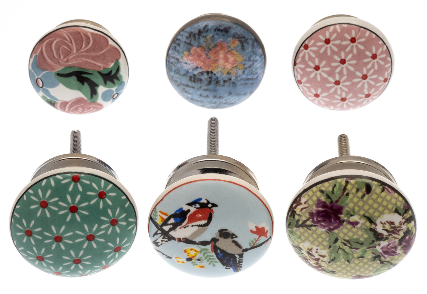 Vintage Style Floral and Bird Ceramic Cupboard Door Knobs - Set of 6