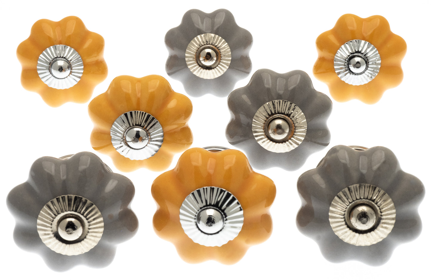 Boutons de porte en céramique en forme de fleur jaune safran et gris ardoise (Ensemble de 8)