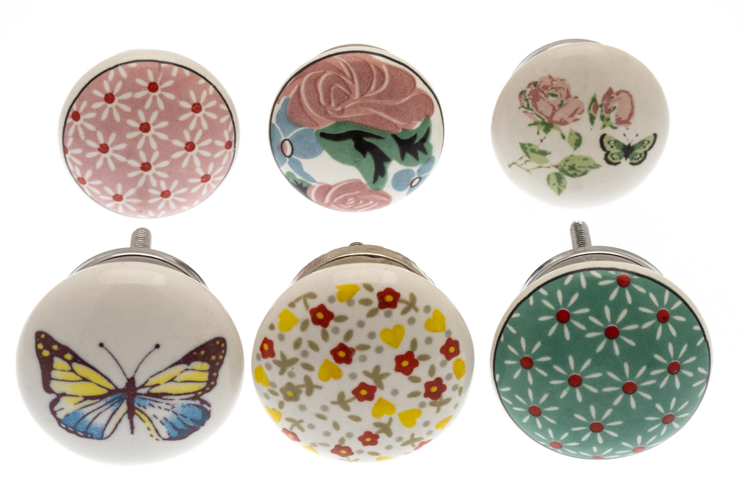 Boutons d'armoire en céramique motif floral et horloge vintage (Ensemble de 6)