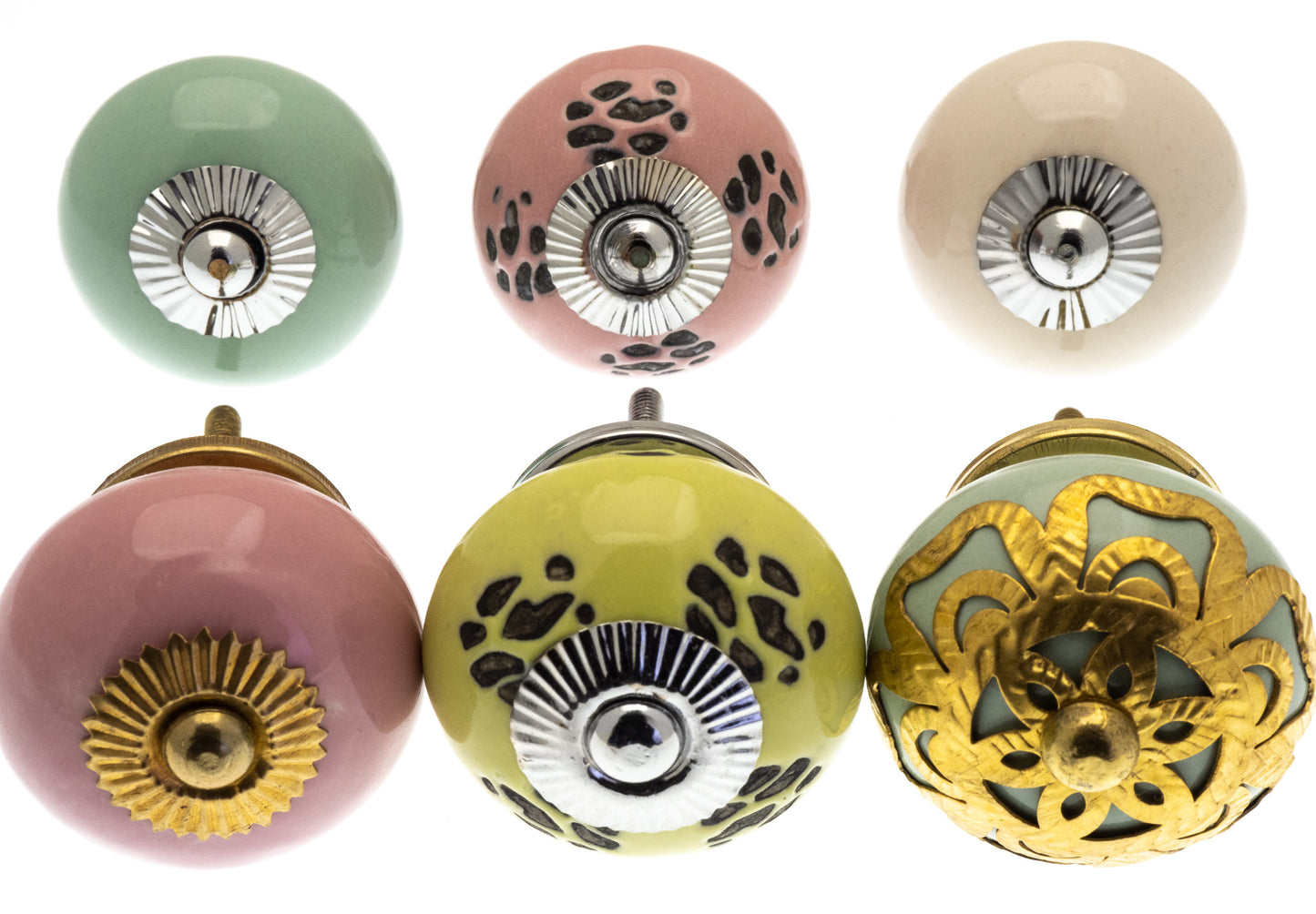 Boutons de porte en céramique crème, rose, jaune et vert pâle ensemble de 6