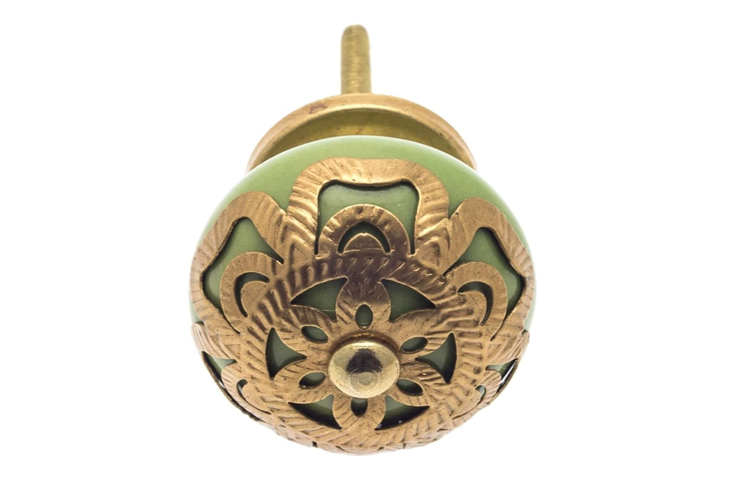 Round Ceramic Knob Green with Brass Fretwork Surround