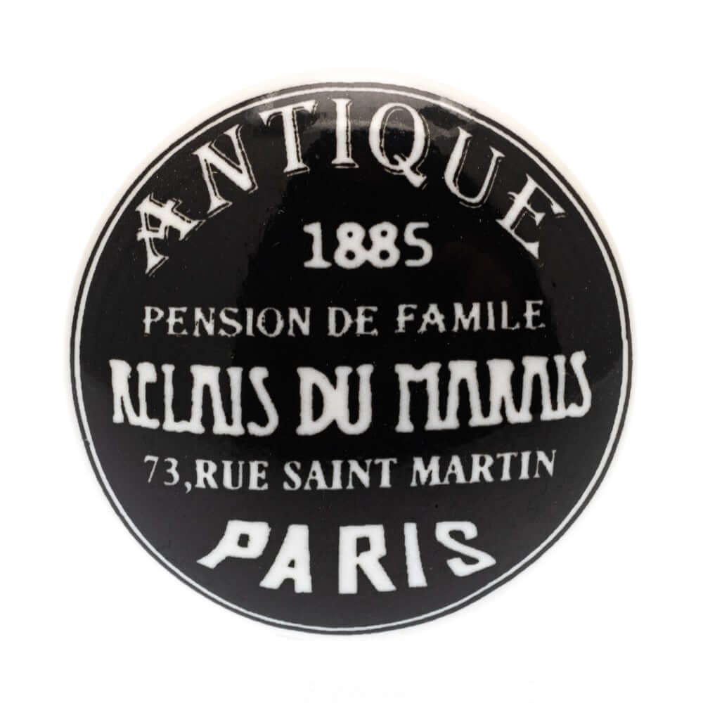 Ceramic Knob in Black with 'Antique 1885' Paris Writing in White 38mm