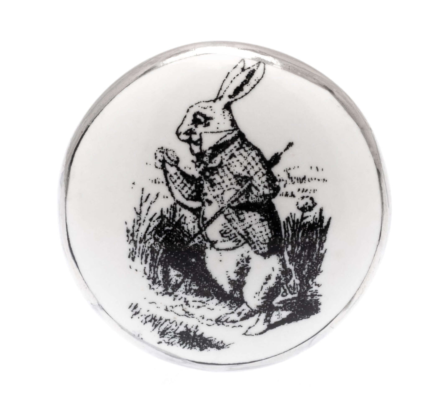 Ceramic Cupboard Knob Alice 'White Rabbit' Antique Silver