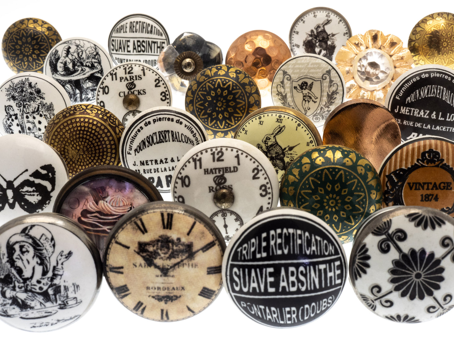 Boutons de porte d’armoire en céramique de style vintage en dessins noir et blanc, bronze, laiton et or - Choisissez votre quantité