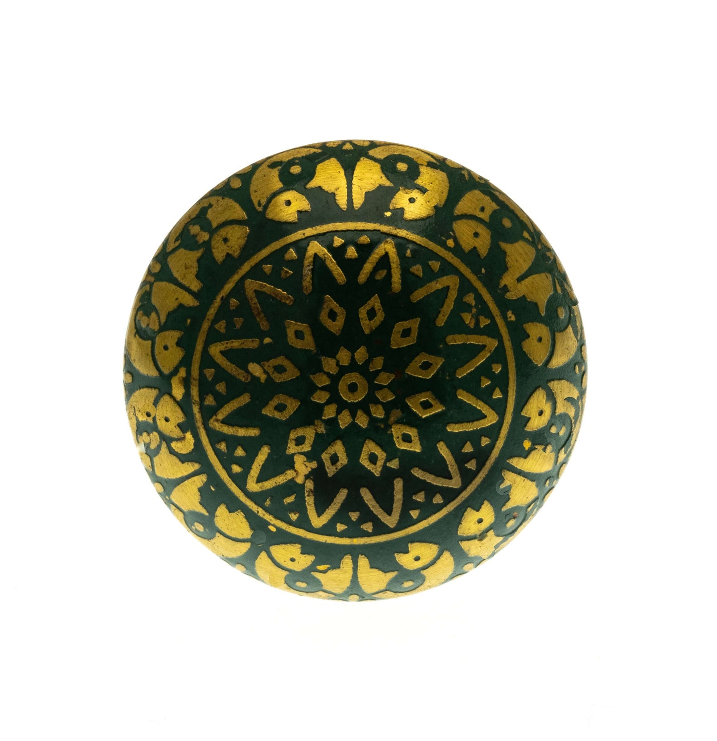 Etched Patterned Brass Dome Moroccan Style Knob for Cupboards in Green and Gold