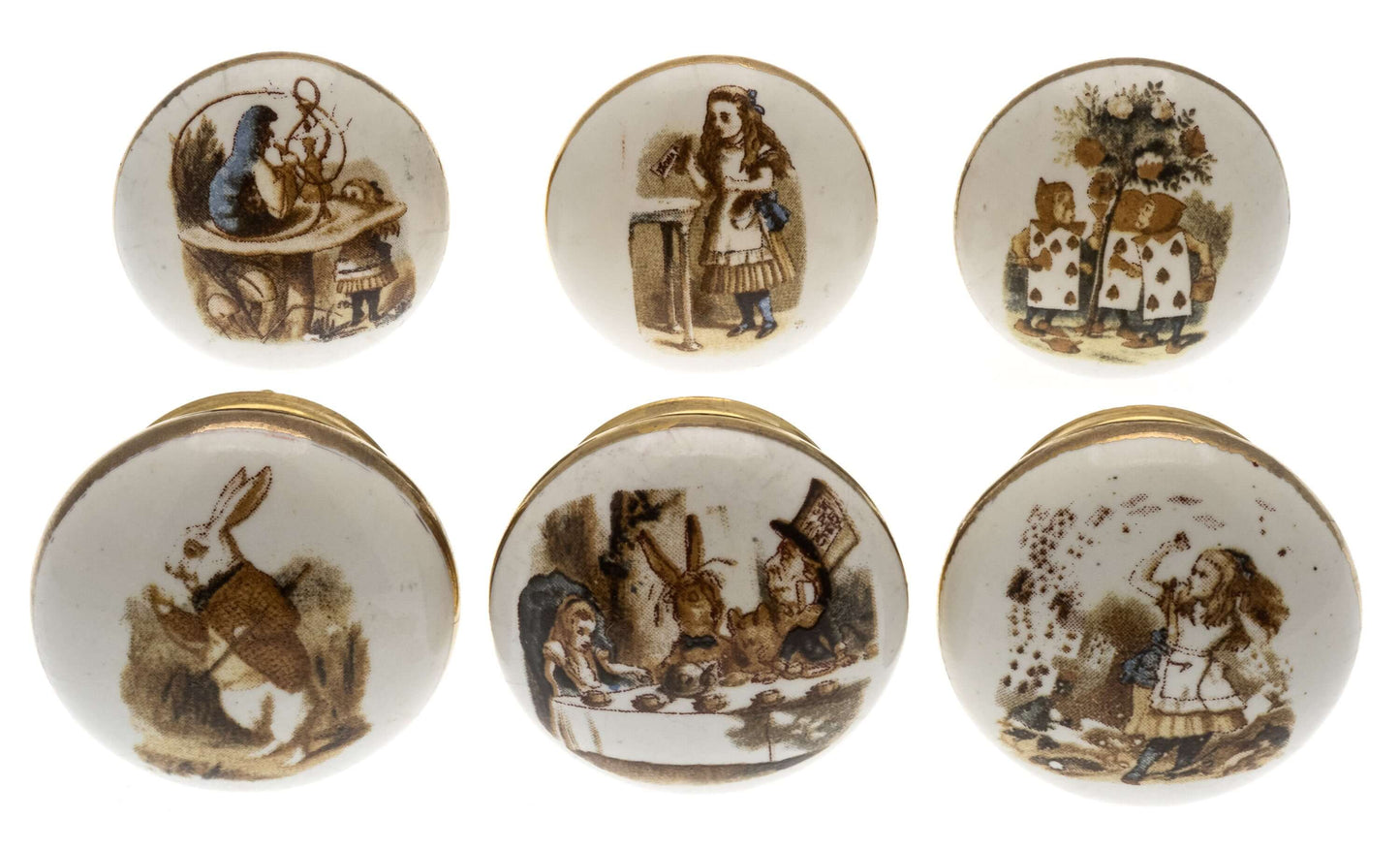 Boutons de porte en céramique exclusifs Alice au pays des merveilles en couleur avec contour doré (Ensemble de 6)