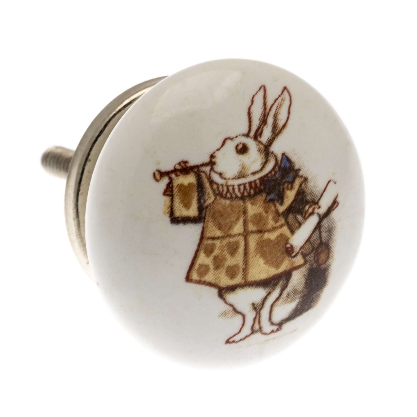 Ceramic Cupboard Knob Alice in Colour 'The Herald' Rabbit on White
