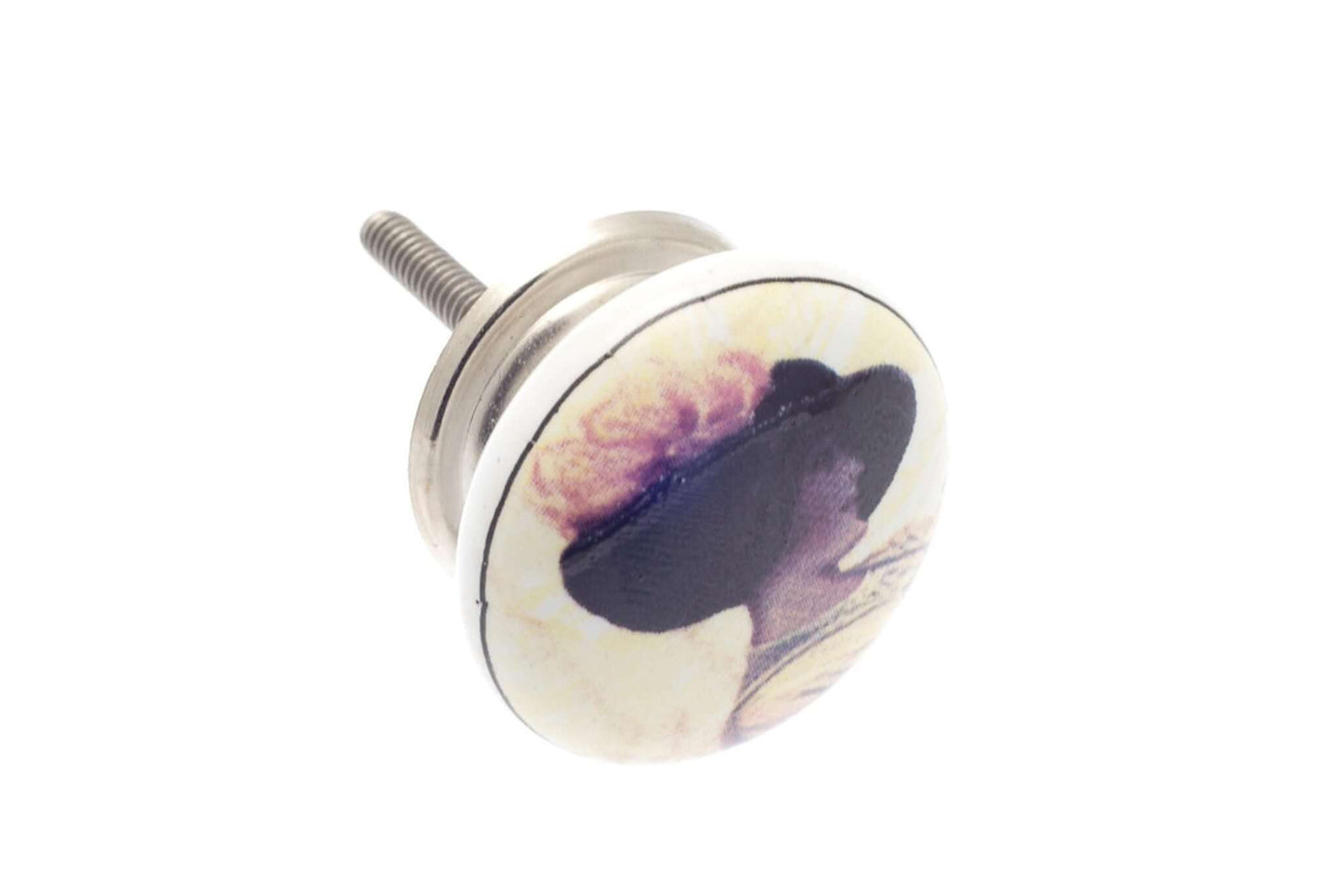 Ceramic Cupboard Knobs - Ceramic Knob White With Painted Ascot Lady 38mm (MT-28)