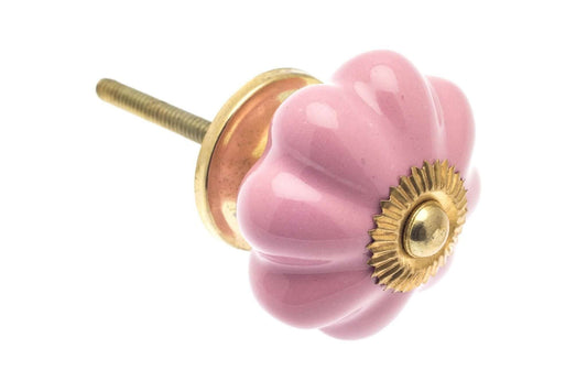 Ceramic Cupboard Knobs - Flower Ceramic Knob Pink Brass Cap & Base 42mm (MT-167-PNK-PB)