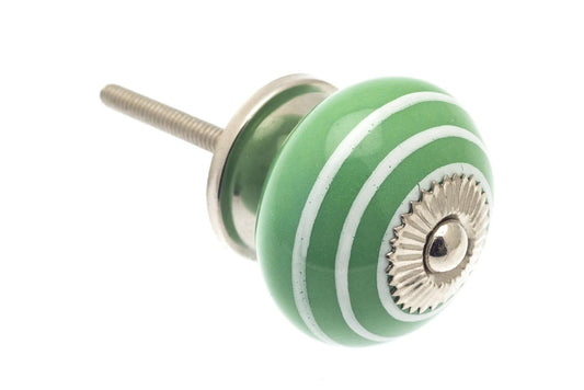 Ceramic Cupboard Knobs - Round Ceramic Knob Green With White Stripes / Hoops 40mm (MT-337)
