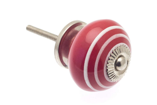Ceramic Cupboard Knobs - Round Ceramic Knob Red With White Stripes / Hoops 40mm (MT-025)