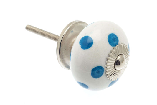 Ceramic Cupboard Knobs - Round Ceramic Knob White With Blue Spots / Polka Dots 40mm (MT-024)