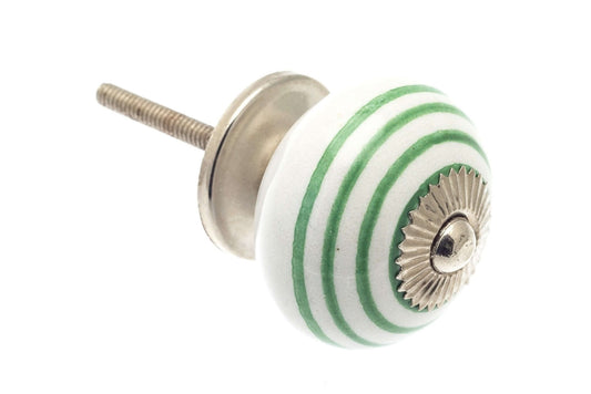 Ceramic Cupboard Knobs - Round Ceramic Knob White With Green Stripes / Hoops 40mm (MT-338)