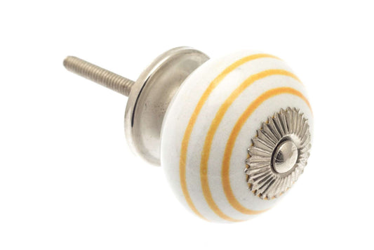 Ceramic Cupboard Knobs - Round Ceramic Knob White With Yellow Stripes / Hoops 40mm (MT-343)