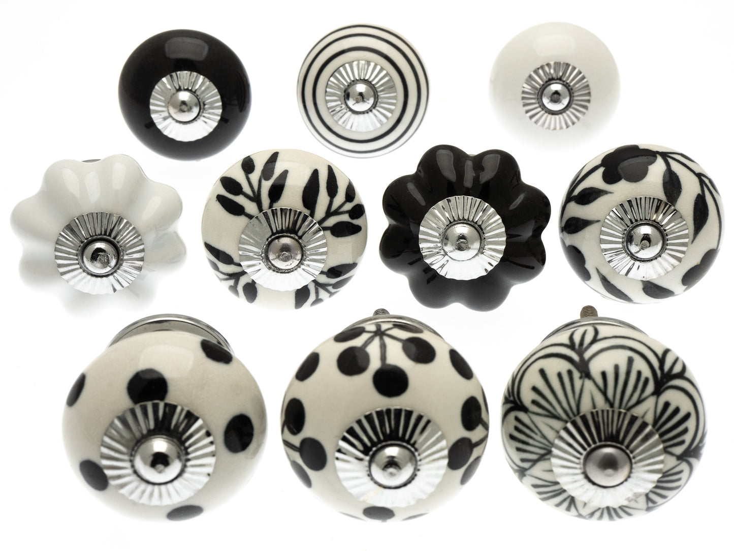 Bouton de porte en céramique classique peint à la main en noir et blanc et blanc cassé, ensemble de 10